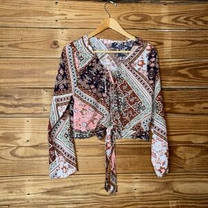 Bohemian Patchwork Tie-Front Blouse